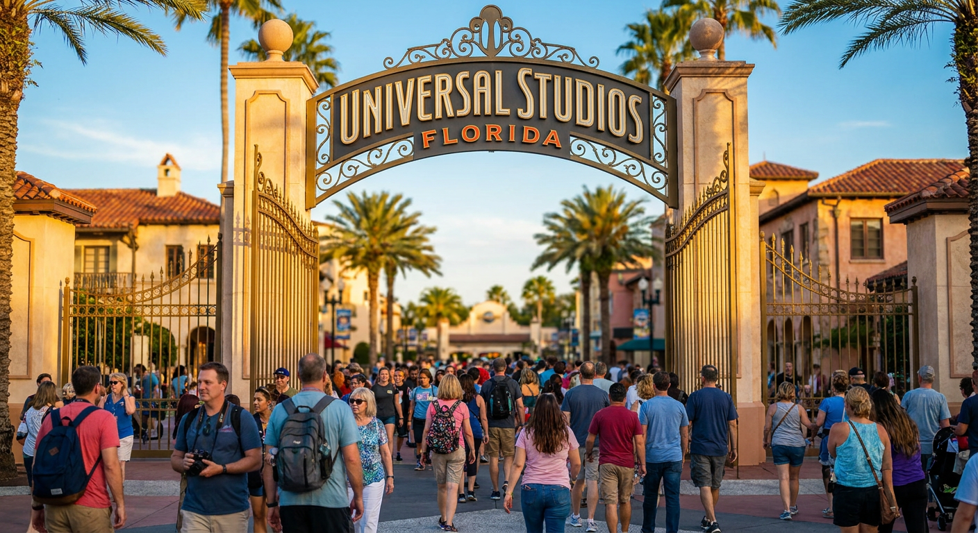 A icônica entrada do Universal Studios Florida, recebendo os visitantes para um dia de magia.