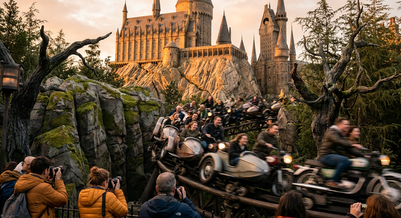 A emocionante Hagrid's Magical Creatures Motorbike Adventure, uma das joias de Hogsmeade.