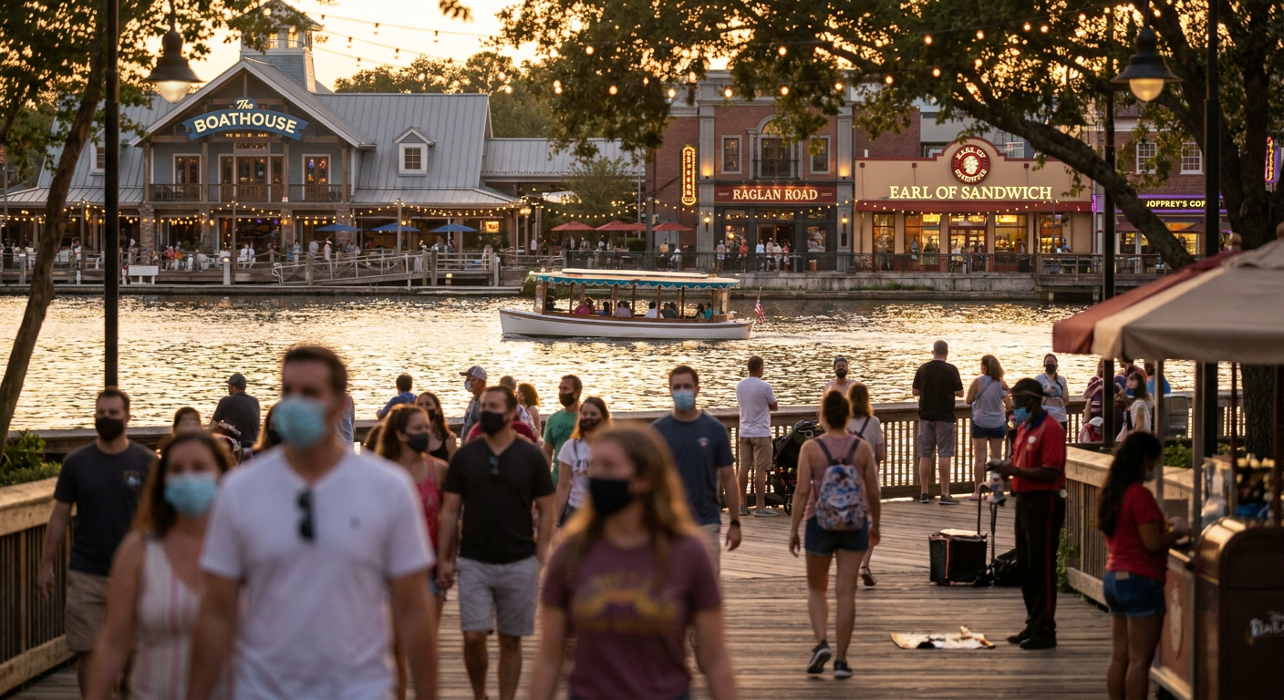 Disney Springs à noite: um polo de entretenimento para todas as idades.