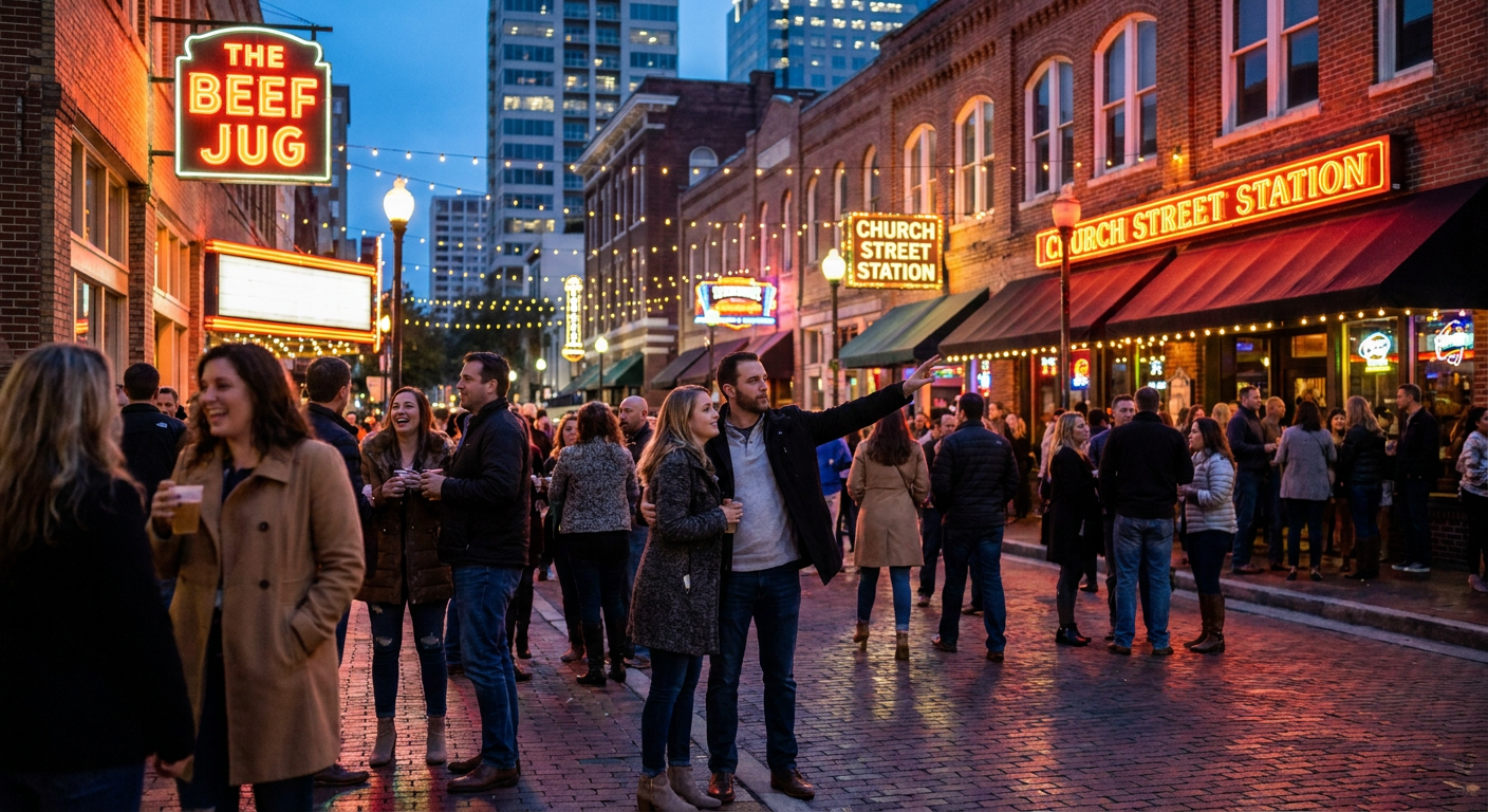 A arquitetura histórica de Church Street se ilumina à noite no centro de Orlando.