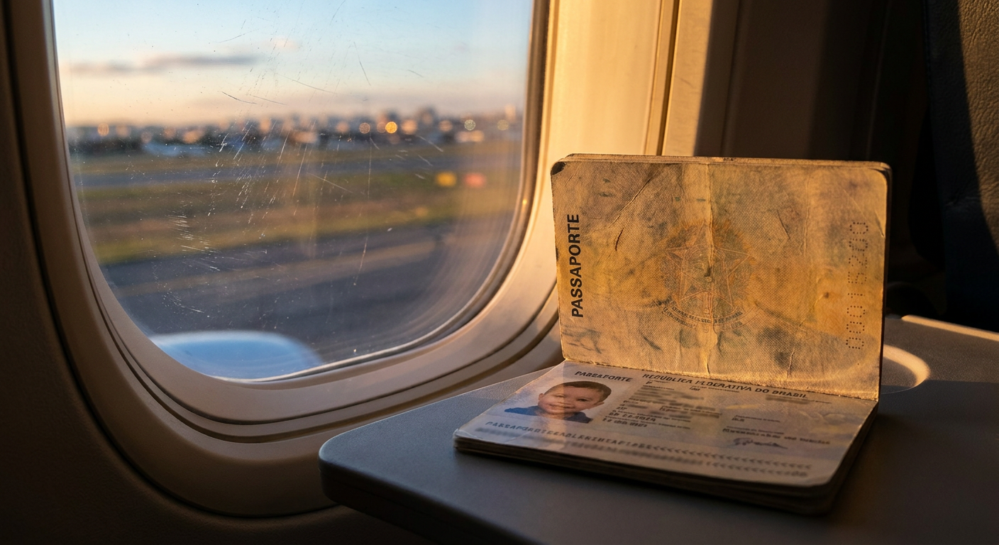 Detalhes de um passaporte brasileiro para menores, com o visto americano ao lado.