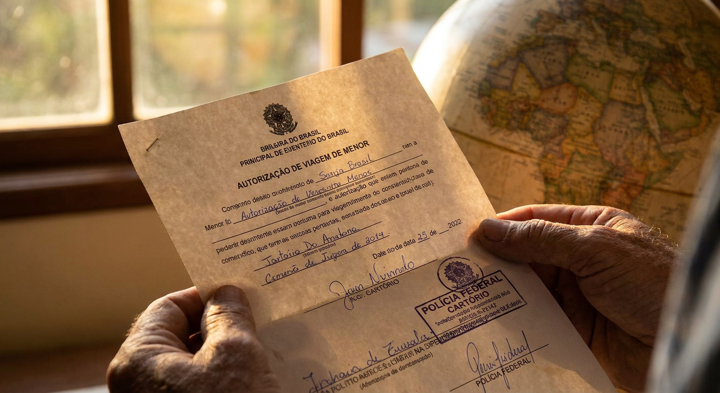 Exemplo de autorização de viagem para menores, com reconhecimento de firma.