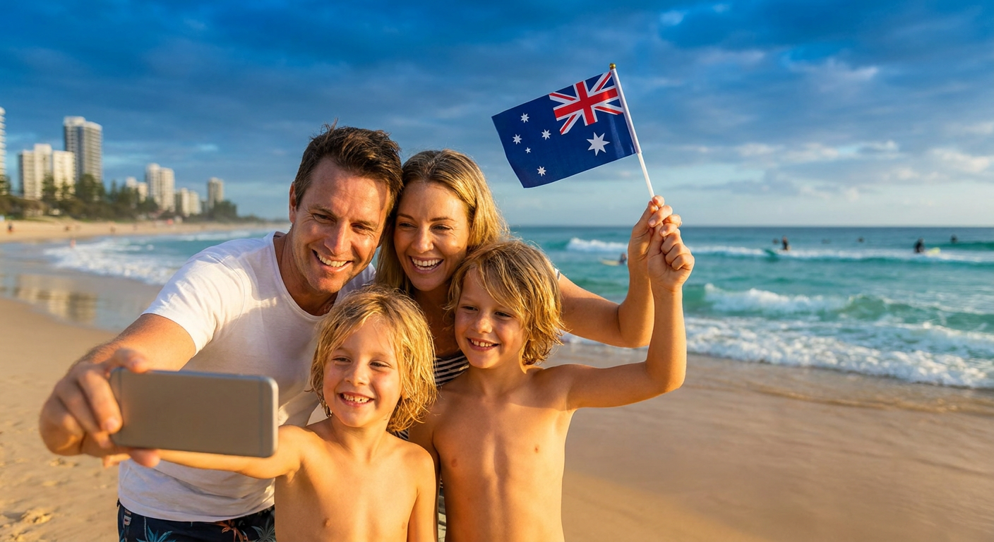 Família brasileira celebrando a aprovação do visto de turismo em uma das praias icônicas da Austrália.