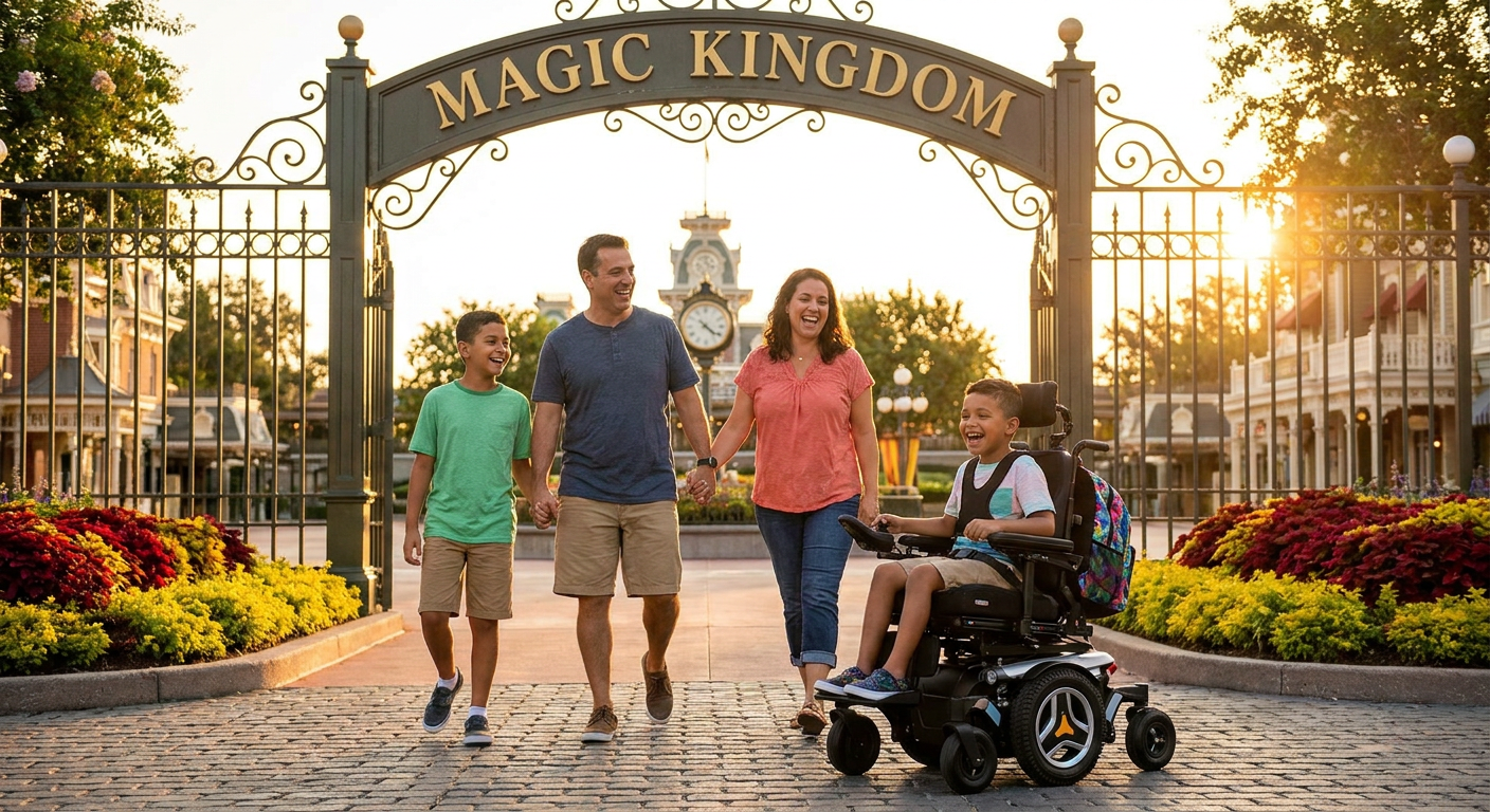 A entrada principal do Magic Kingdom é totalmente acessível, dando as boas-vindas a todos os visitantes.