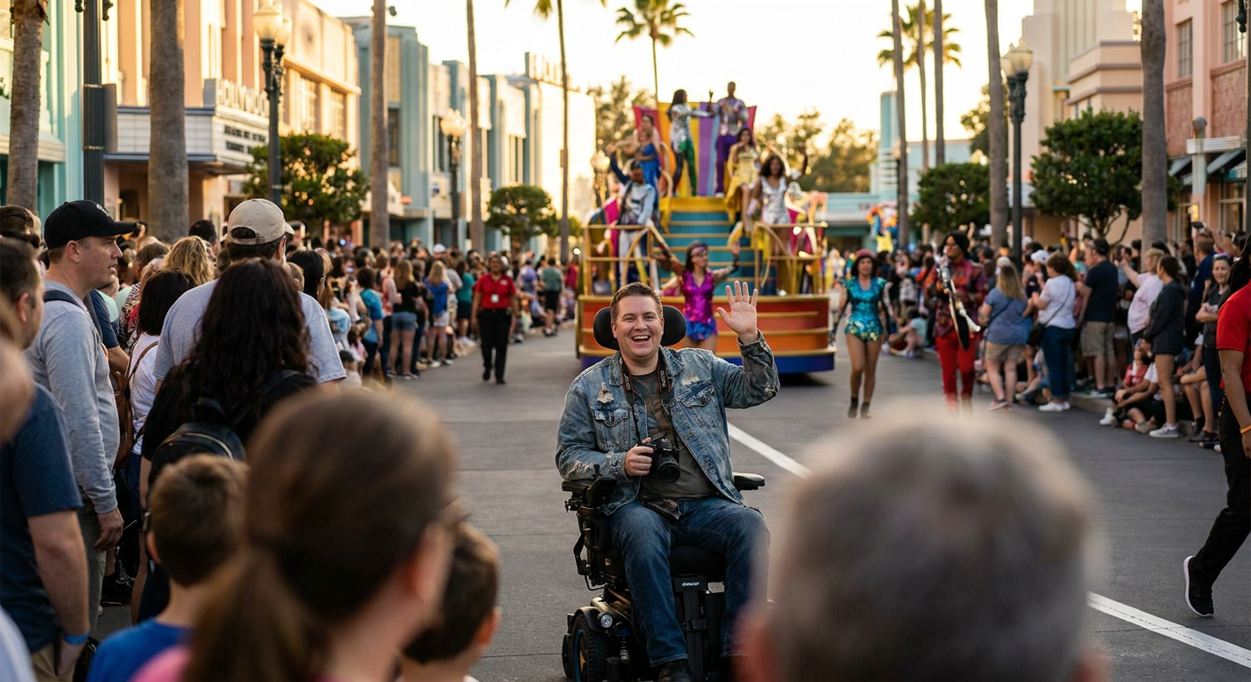 Desfiles como os do Hollywood Studios oferecem áreas reservadas e com boa visibilidade para cadeirantes.