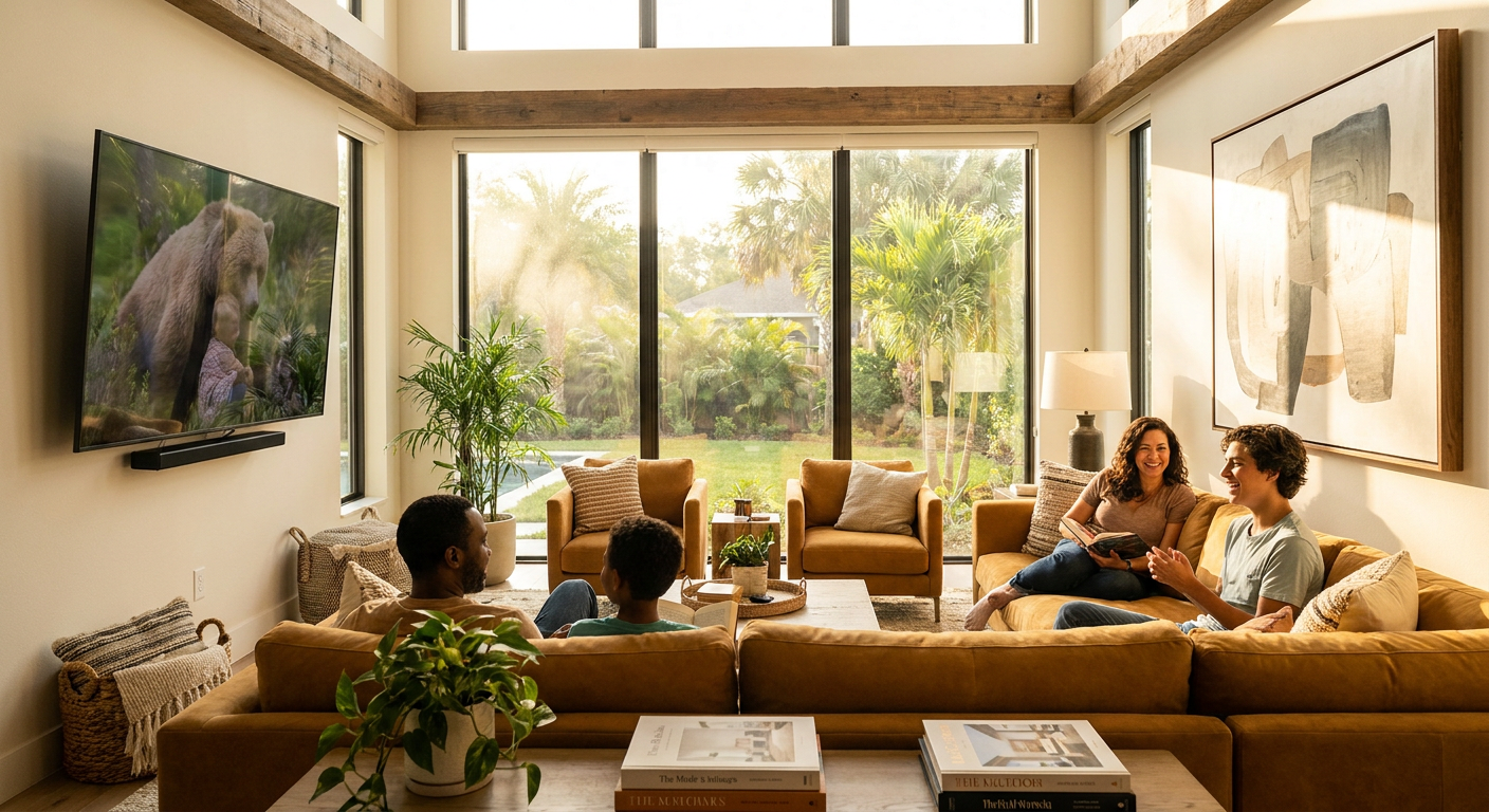 Aconchegante sala de estar em uma casa de férias, ideal para reunir a família.