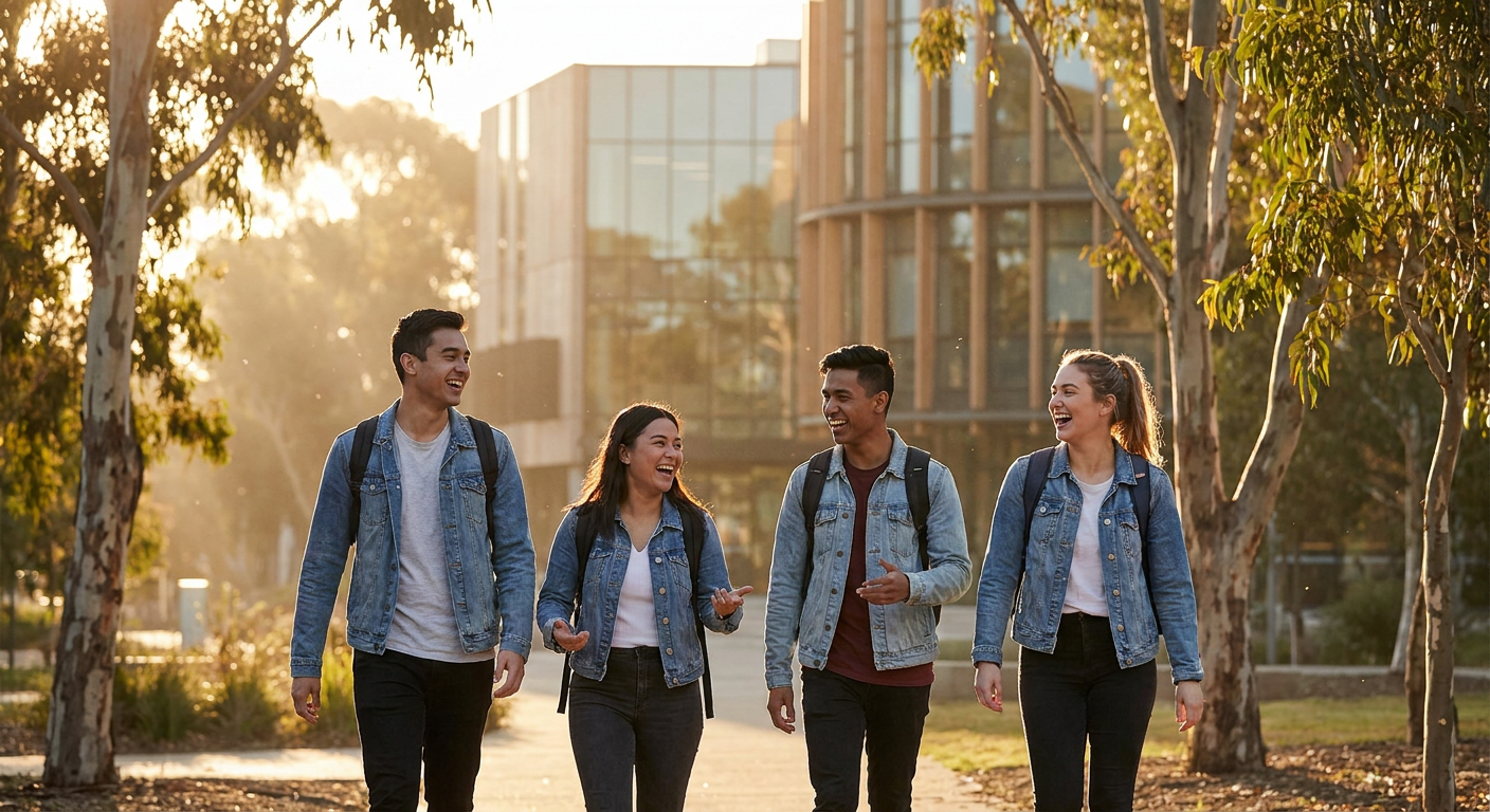 Estudantes internacionais se socializando em um campus universitário australiano.