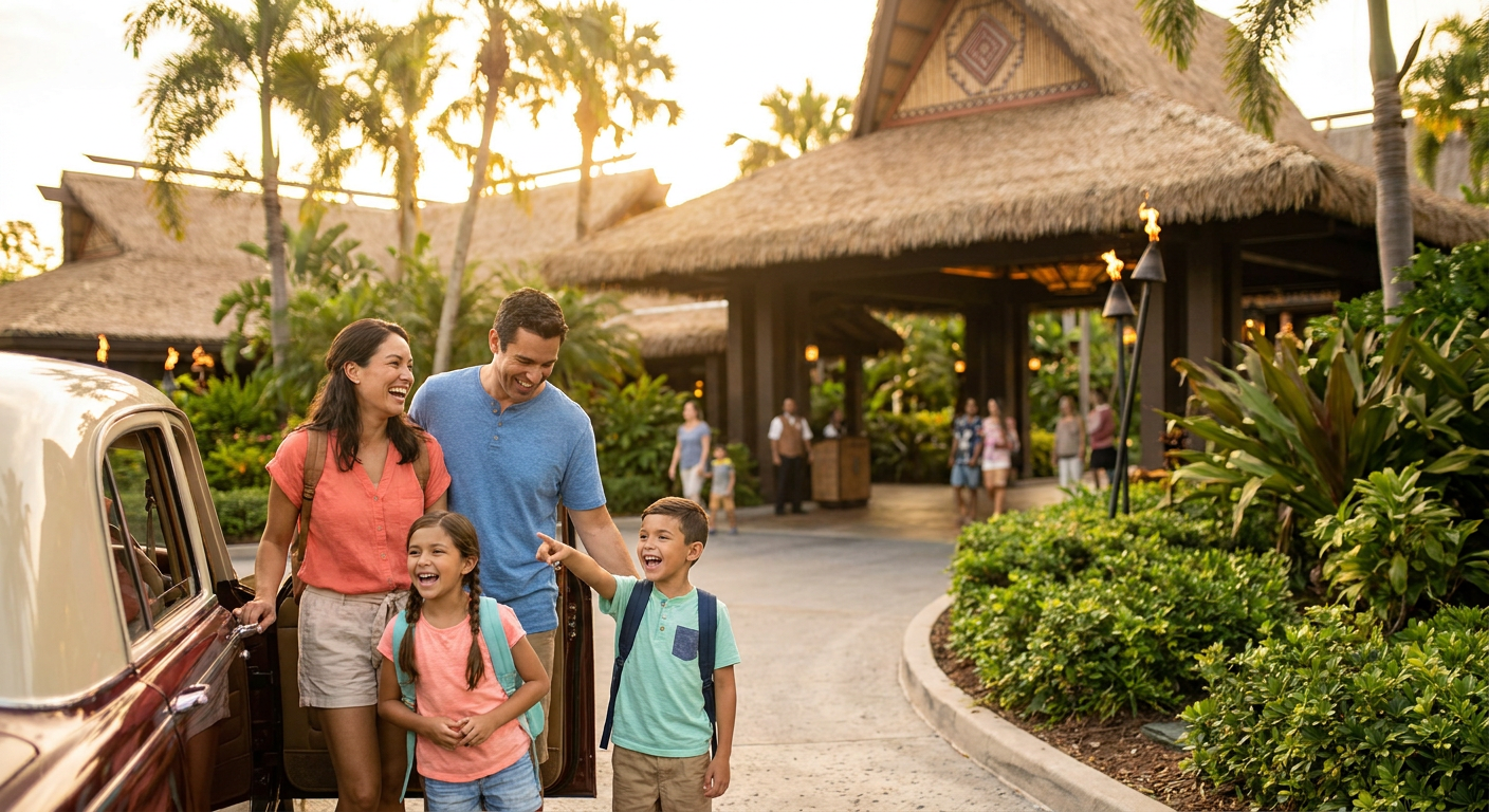 A magia começa assim que você chega, seja em um resort Disney ou em um hotel parceiro.