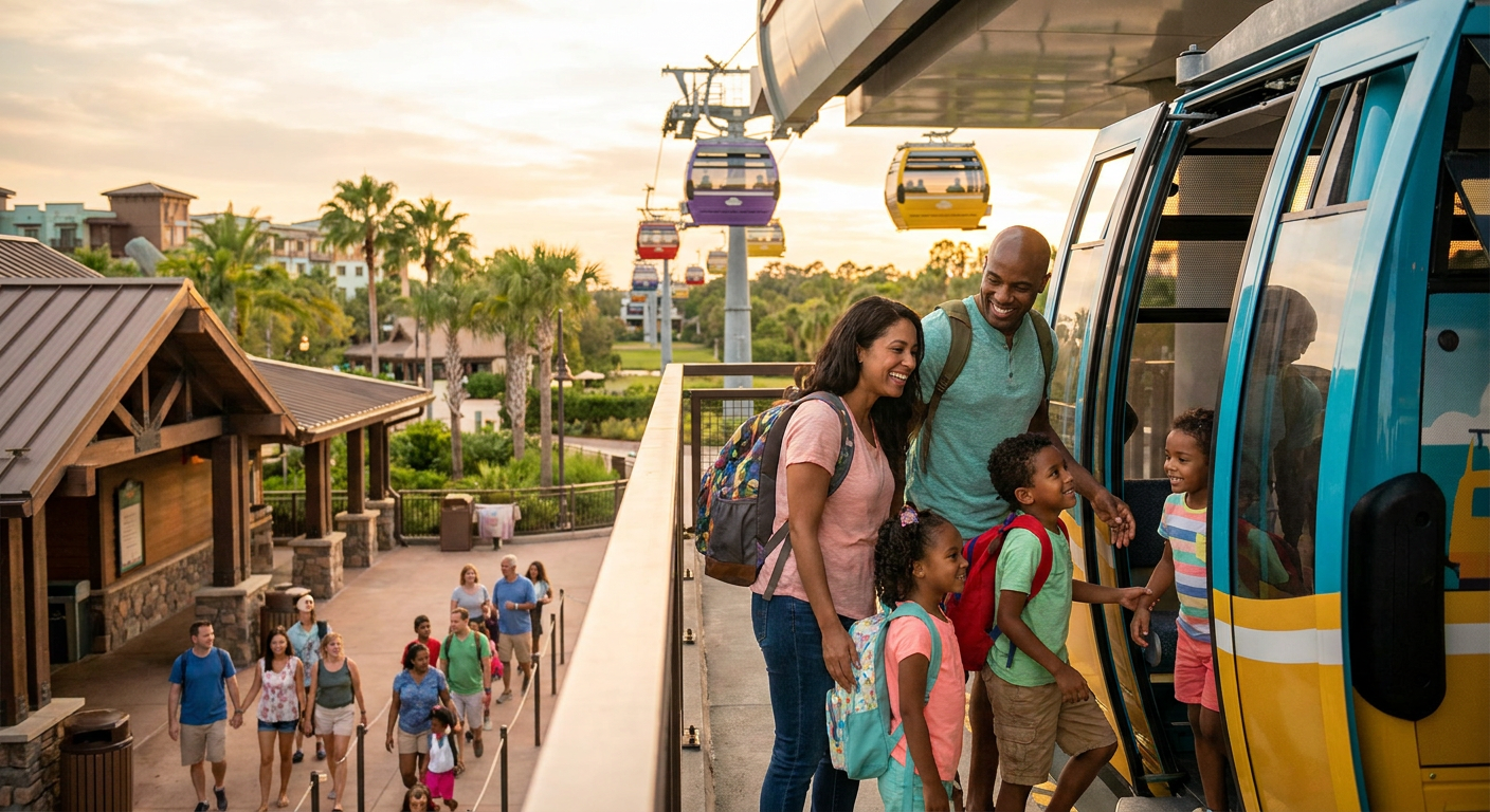 O Disney Skyliner oferece uma vista única e um transporte eficiente entre parques e alguns resorts.