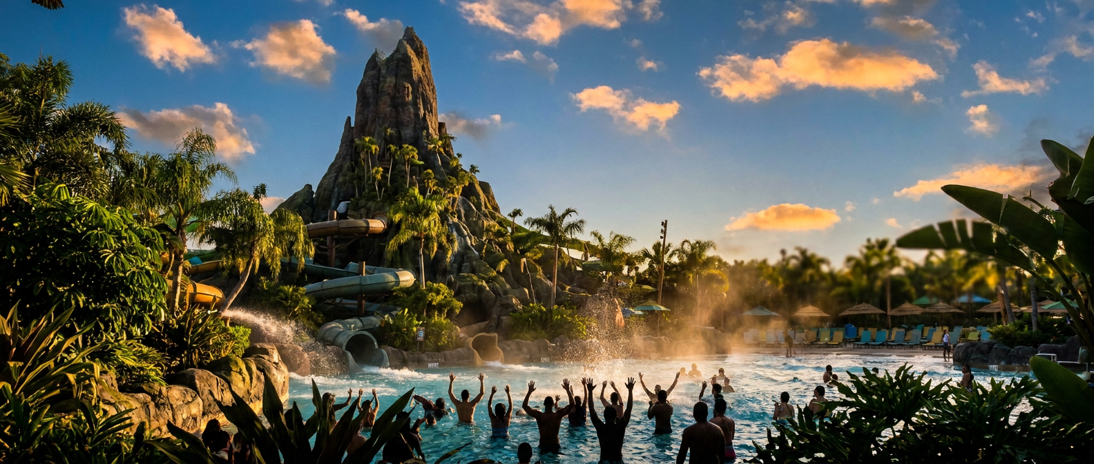 O imponente Krakatau é o coração do Volcano Bay, oferecendo adrenalina e beleza cênica.