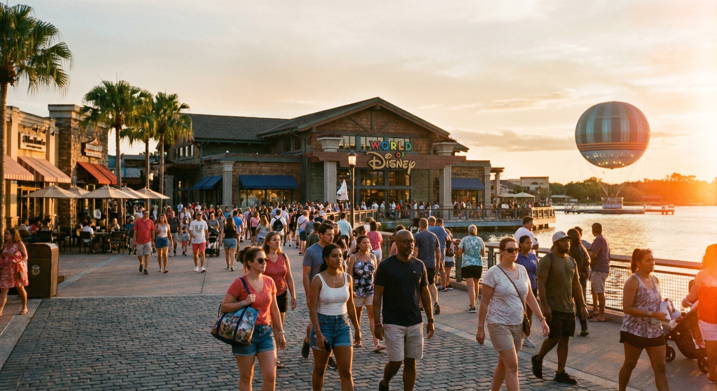 A movimentada área do Marketplace, com lojas e restaurantes icônicos da Disney Springs.
