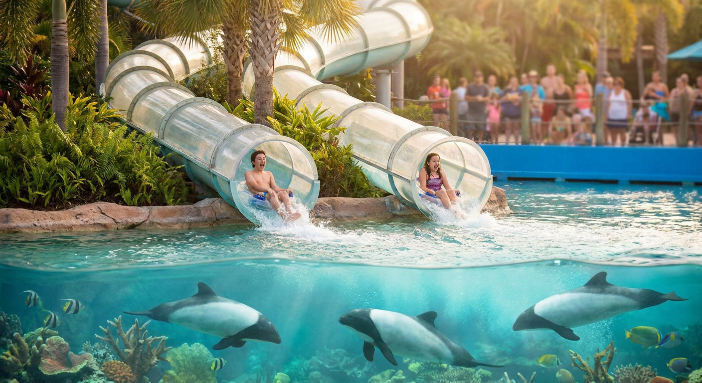 O Dolphin Plunge do Aquatica é uma experiência única, combinando adrenalina e a beleza dos golfinhos.